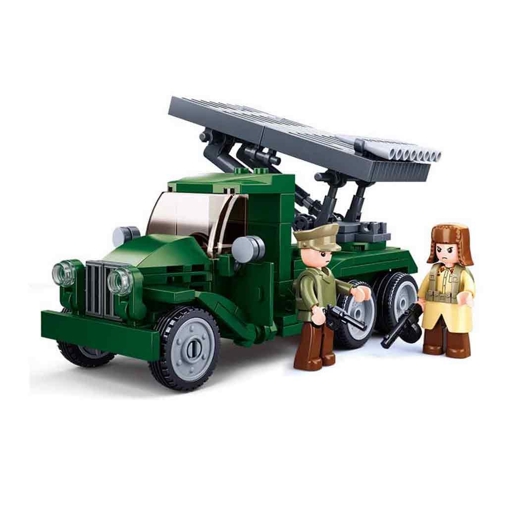 Sluban Russian Rocket Missile Launcher Set with green military truck and two mini-figures from Battle of Budapest series, ideal for kids' construction play.