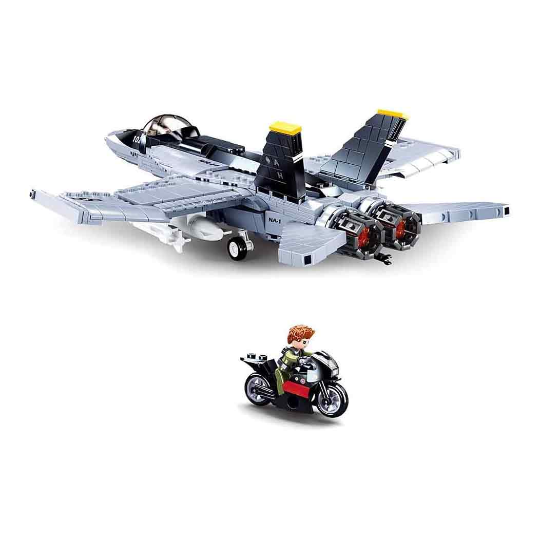 Rear angle of Sluban F18 Super Bumblebee Fighter Plane Set with included motorcycle and pilot figure, part of kids' construction toy collection.