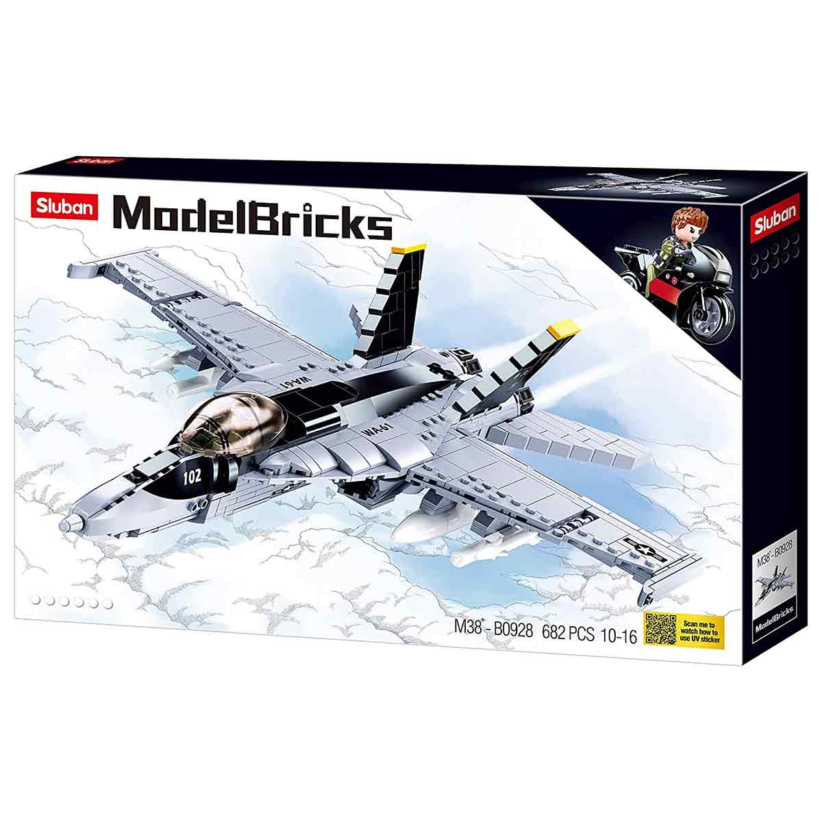 Retail packaging of Sluban F18 Super Bumblebee Fighter Plane Set M38-B0928, featuring 682 pieces for ages 10-16, available at John Bulls.