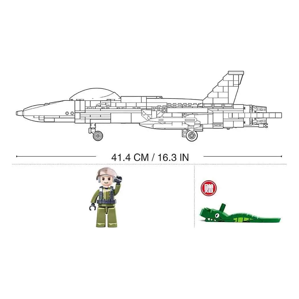 Sluban F18 Fighter Plane Set dimensions and included pilot minifigure with bonus toy, a fun and educational construction set for kids.