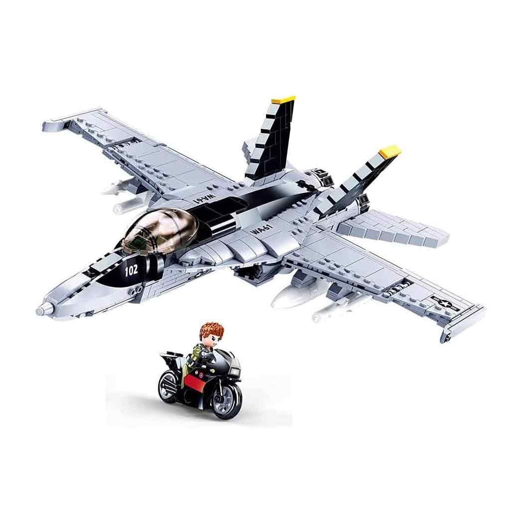 Sluban F18 Super Bumblebee Fighter Plane Set with pilot minifigure and motorcycle from John Bulls, ideal for kids' construction play.