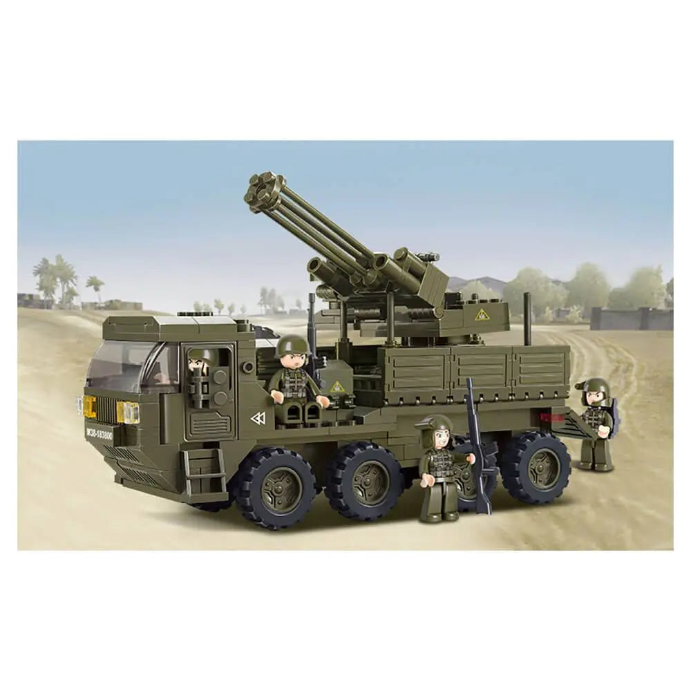 Sluban Heavy Truck Kit M38-B0302 assembled in a desert battlefield setting with soldier mini-figures.