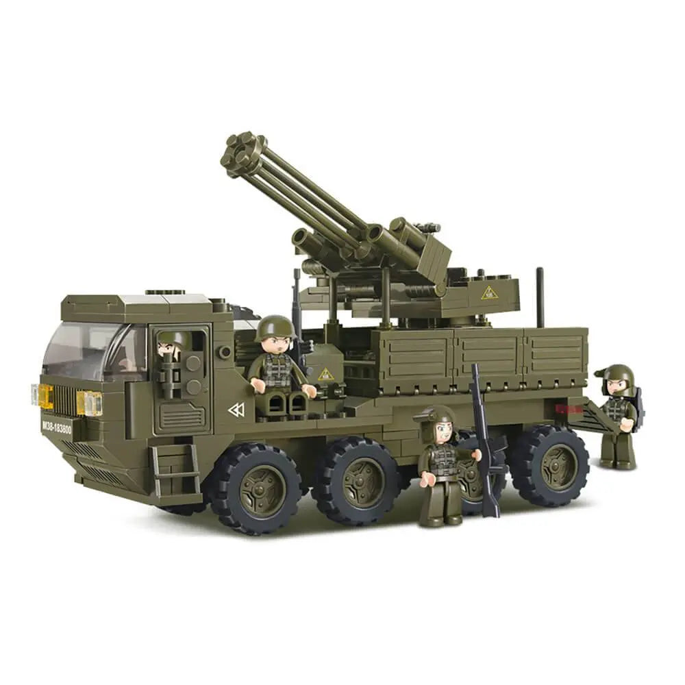 Sluban Heavy Truck Kit M38-B0302 military-style construction set with rotating cannon and soldier figurines.