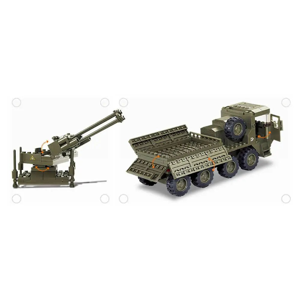 Sluban Heavy Truck Kit M38-B0302 disassembled, showing detachable cannon and truck bed details.