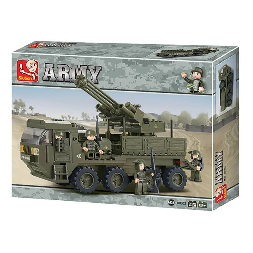 Sluban Heavy Truck Kit M38-B0302 packaging featuring military-themed design and product details.