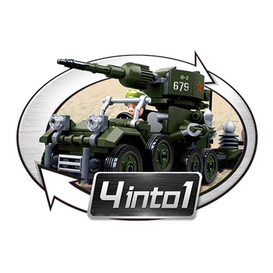 Sluban WWII 4-in-1 military vehicle set, allowing multiple configurations. Features a green armored jeep with weaponry and soldier mini-figures.