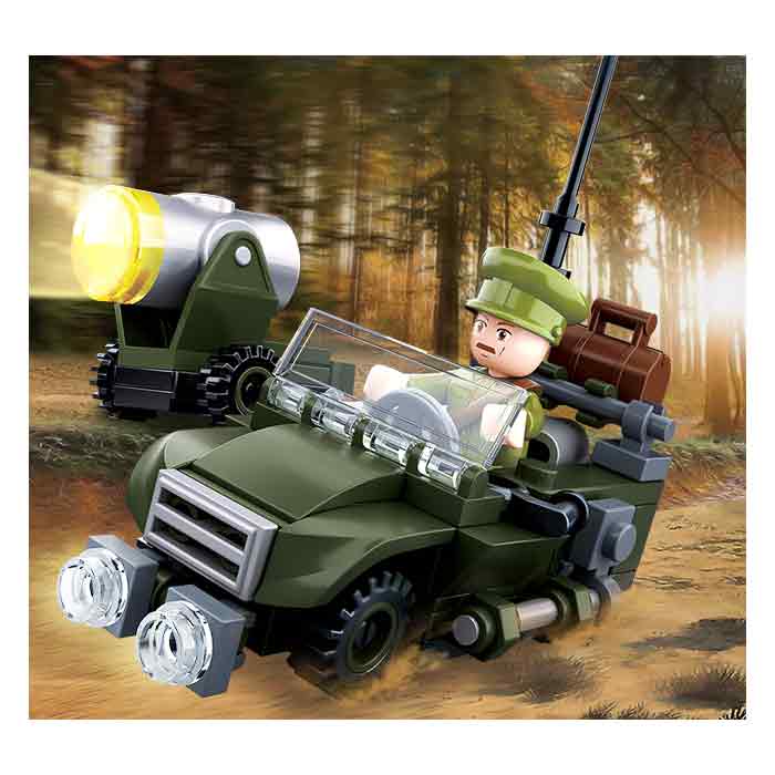 Sluban WWII Allied Off-Road Jeep set displayed in a forest background. The military jeep and soldier mini-figure enhance the historical play experience.
