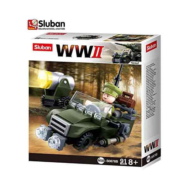 Sluban WWII Allied Off-Road Jeep set packaging showcasing the M38-B0678B model. Includes an image of the assembled jeep and soldier mini-figure.