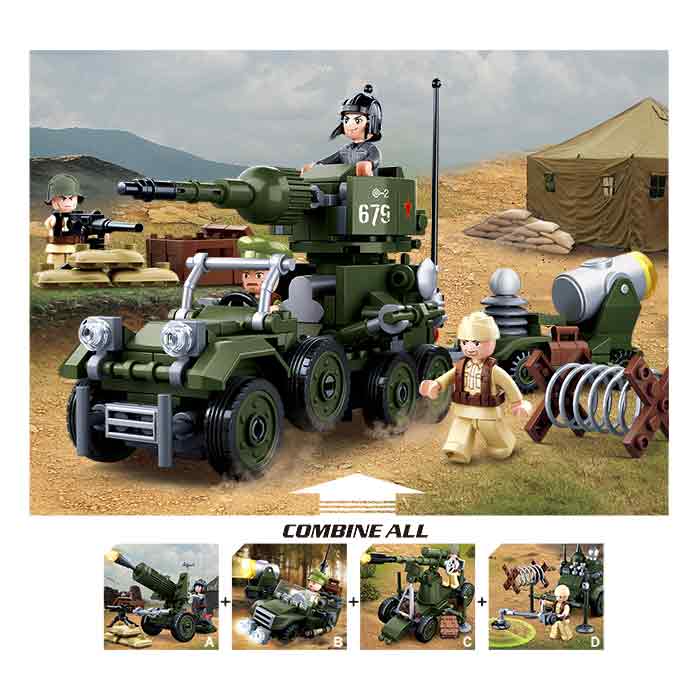 Sluban WWII Army series construction set featuring multiple military vehicles and figures. The set can be combined to create a larger battle vehicle.