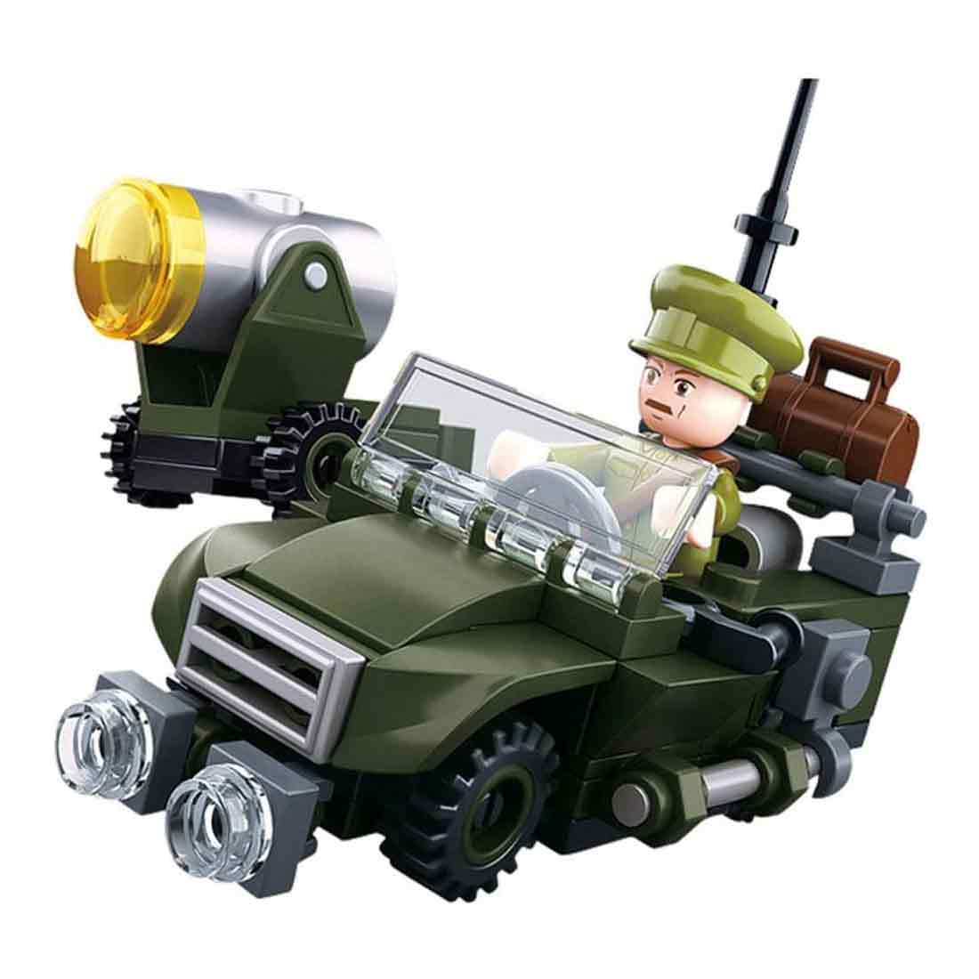 Sluban WWII Allied Off-Road Jeep set featuring a green military-style jeep with a soldier mini-figure. Includes detailed accessories for realistic play.