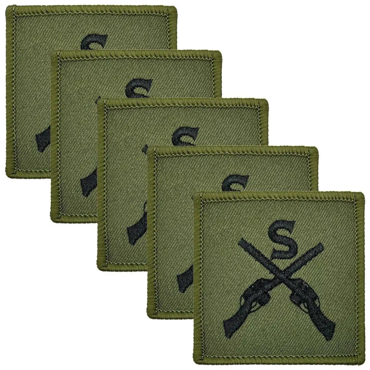 Set of five Sniper Trade TRF - Iron On Patches | John Bull Clothing with green background and black sniper insignia, suitable for military uniform application.