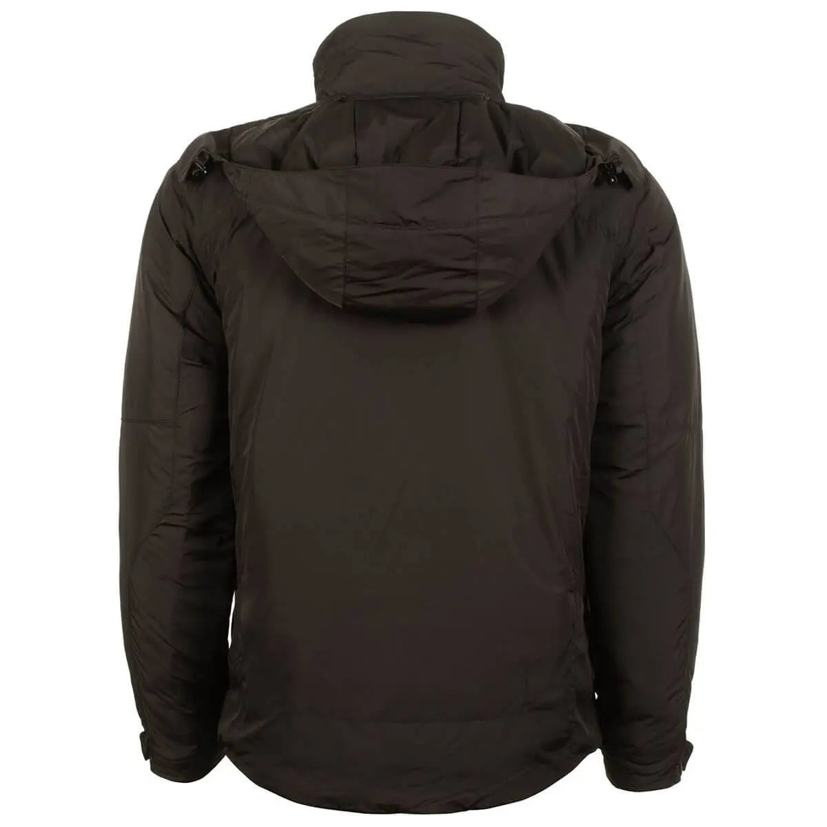 Back view of Snugpak Arrowhead Insulated Jacket Black featuring a water-repellent hood. Durable outerwear for hiking and cold weather use.