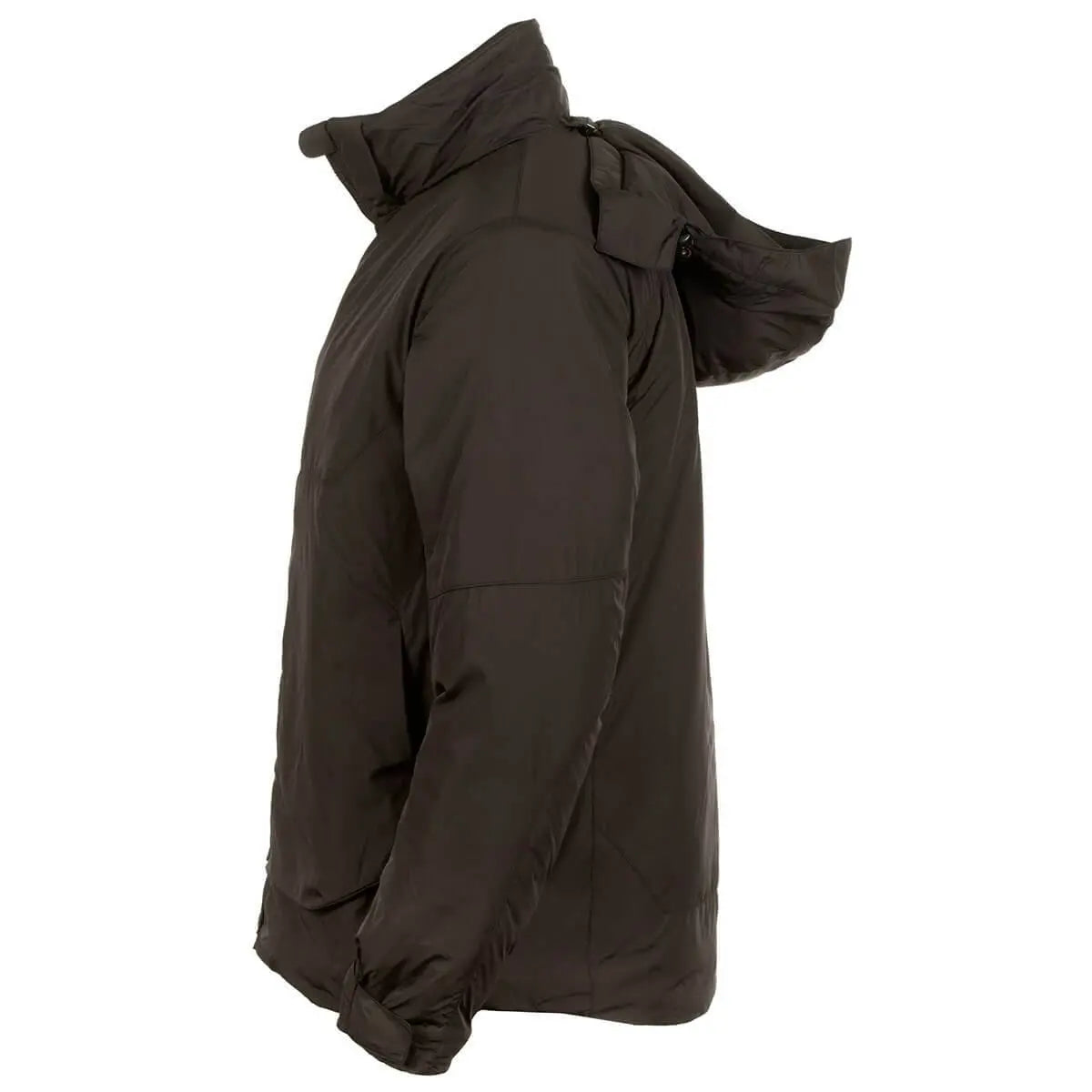 Side view of Snugpak Arrowhead Insulated Jacket Black showing adjustable hood and sleek profile. Designed for layering in outdoor environments.