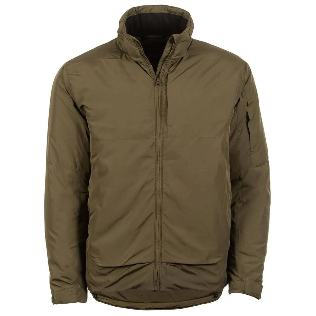 Front view of Snugpak Arrowhead Insulated Jacket Olive WGTE, featuring a high collar and full zip closure for cold weather protection.