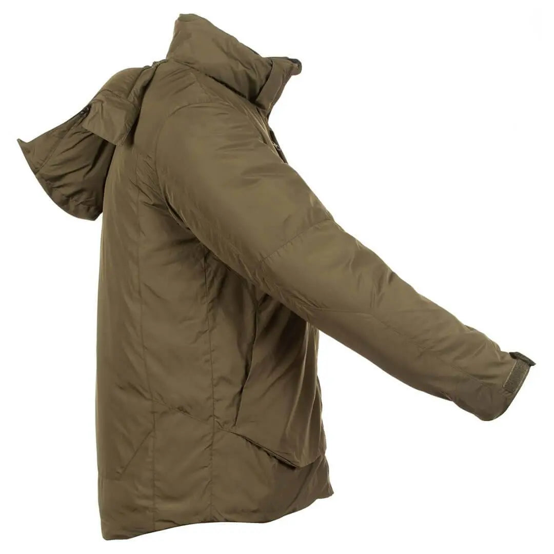 Side profile of Snugpak Arrowhead Insulated Jacket Olive WGTE showing extended sleeve length and ergonomic fit for outdoor use.