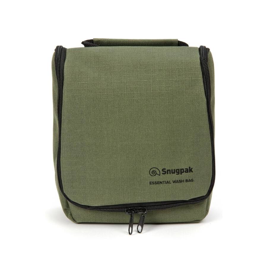Snugpak Essential Travel Wash Bag in green with a compact, durable design and zippered closure. Ideal for organizing toiletries on the go.
