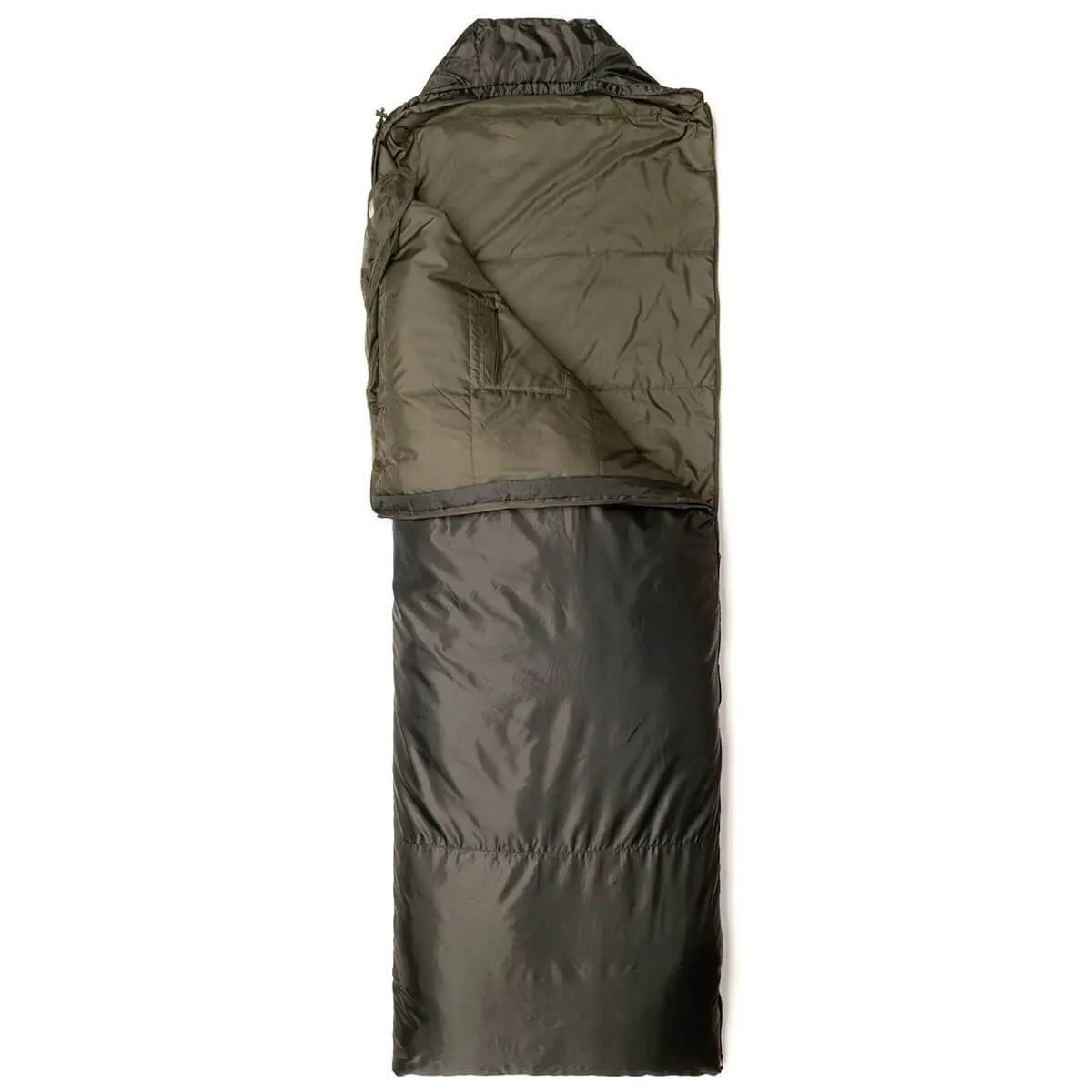 Snugpak Jungle Sleeping Bag with Mosquito Net in olive green, unzipped to show inner lining, ideal for tropical camping conditions.