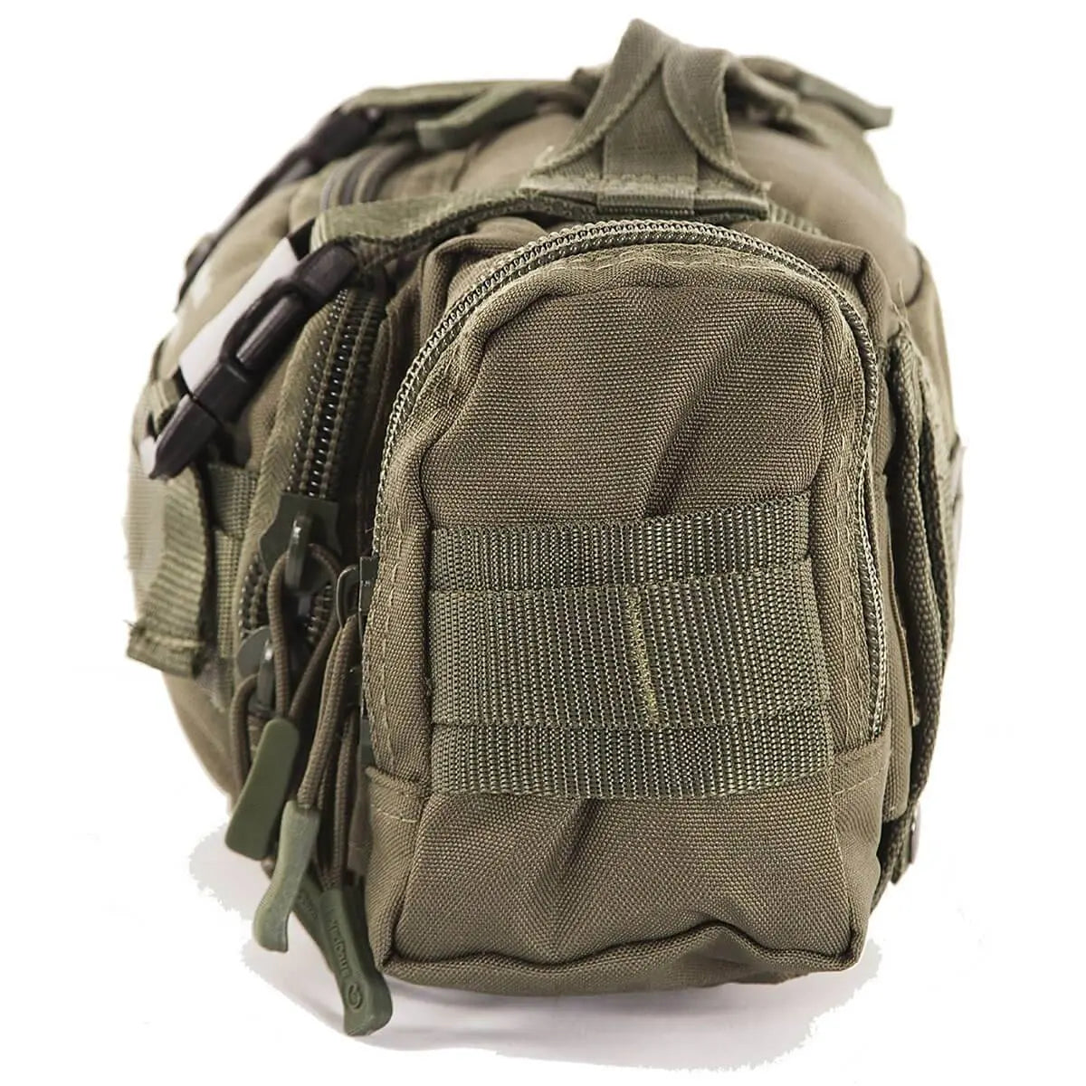 Side view of olive green Snugpak ResponsePak Tactical Deployment Bag with zippered pocket and reinforced stitching for durable travel storage.