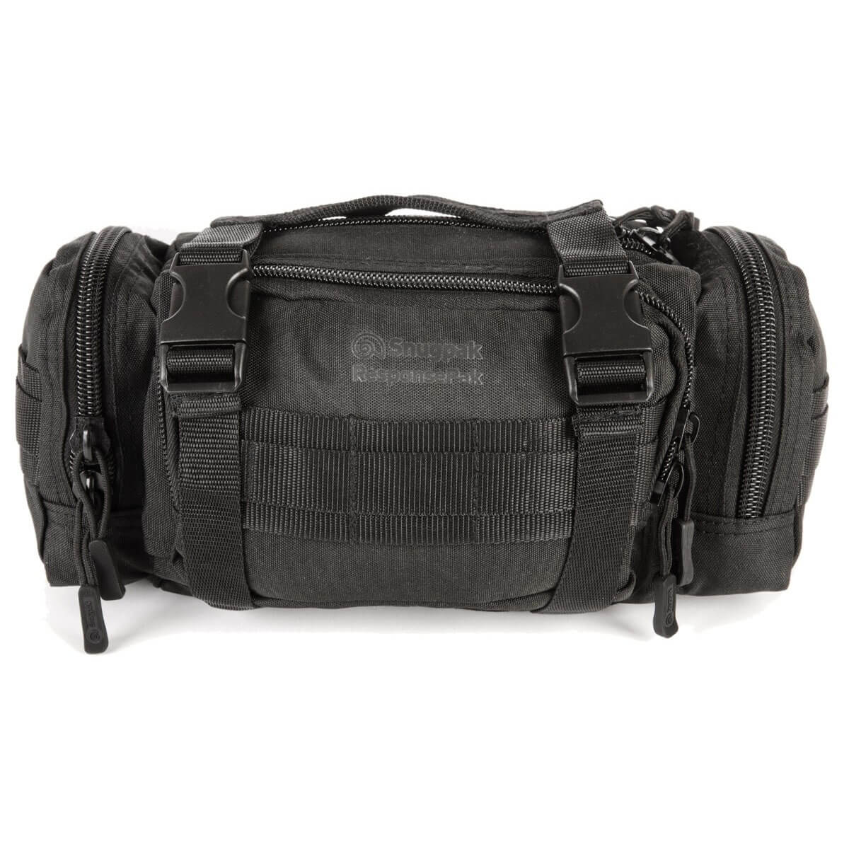 Black Snugpak ResponsePak Tactical Deployment Bag featuring multiple zippered compartments and rugged 600D nylon for tactical travel use.