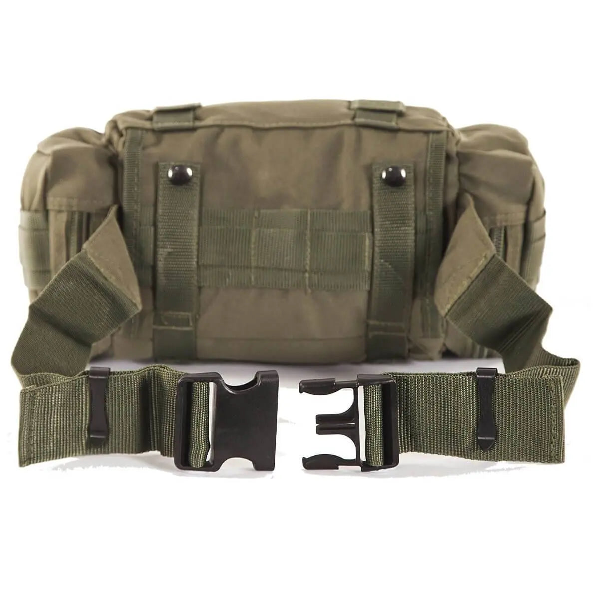 Back view of olive green Snugpak ResponsePak Tactical Deployment Bag with adjustable buckle strap and MOLLE webbing for tactical organization.