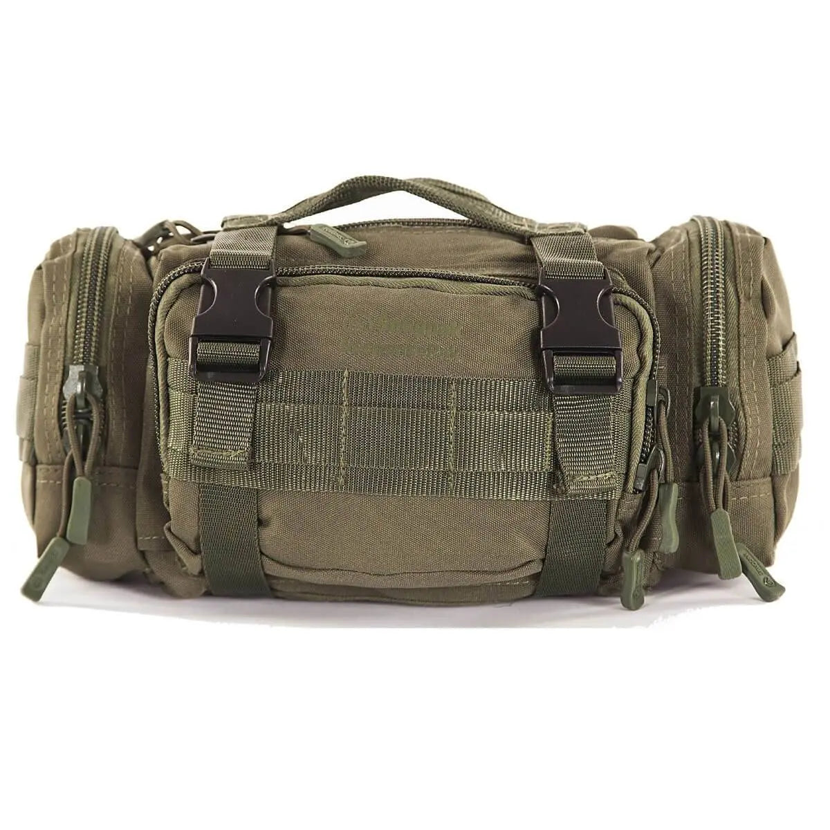 Snugpak ResponsePak Tactical Deployment Bag in olive green with MOLLE webbing, side pockets, and top carry handle for outdoor travel gear.