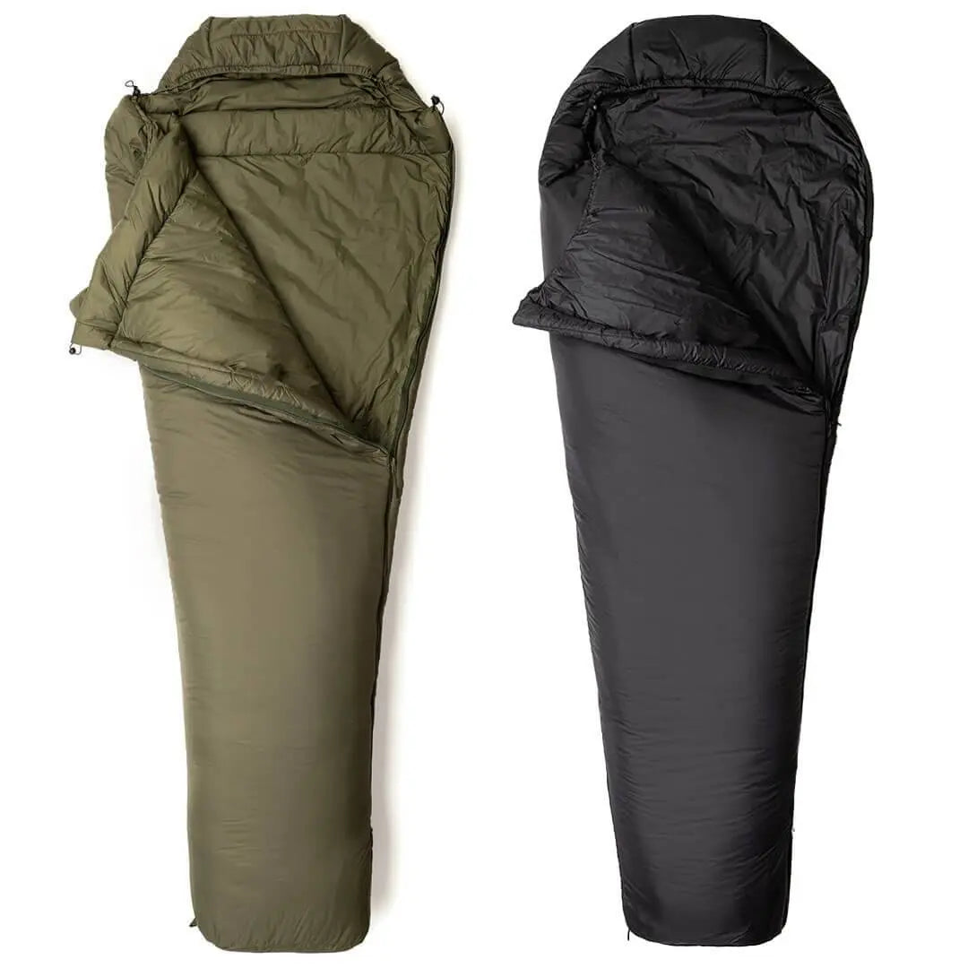 Snugpak Softie 10 Harrier Sleeping Bag in olive green and black, mummy shape for cold weather camping. Lightweight and compact for outdoor use.