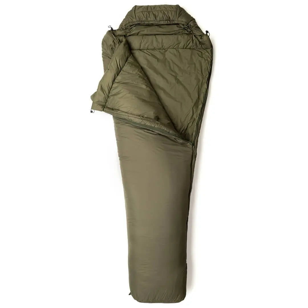 Olive green Snugpak Softie 10 Harrier Sleeping Bag with hood and side zip, ideal for hiking and camping in harsh conditions.