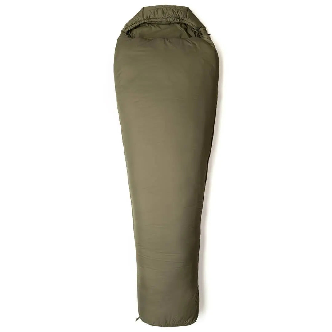 Back view of olive green Snugpak Softie 10 Harrier Sleeping Bag showing tapered design for efficient heat retention in cold climates.