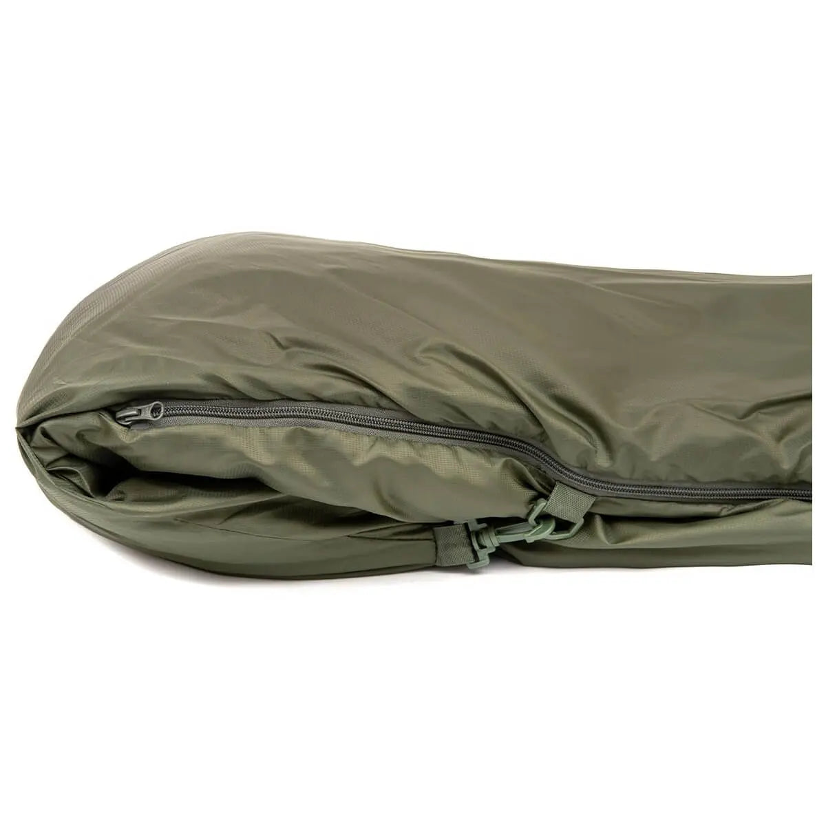 Close-up of Snugpak Elite 1 Sleeping Bag Olive Green zipper and Paratex material, highlighting durable construction for camping use.