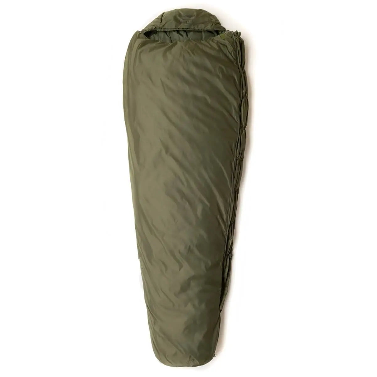Olive green Snugpak Softie Elite 1 sleeping bag fully zipped, showcasing its compact and insulated design for outdoor adventures.