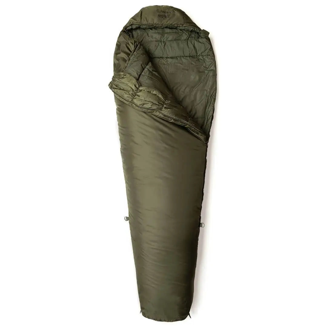 Snugpak Softie Elite 3 Sleeping Bag Olive Green in mummy style with partially opened top, ideal for 3-season outdoor camping to -10°C.