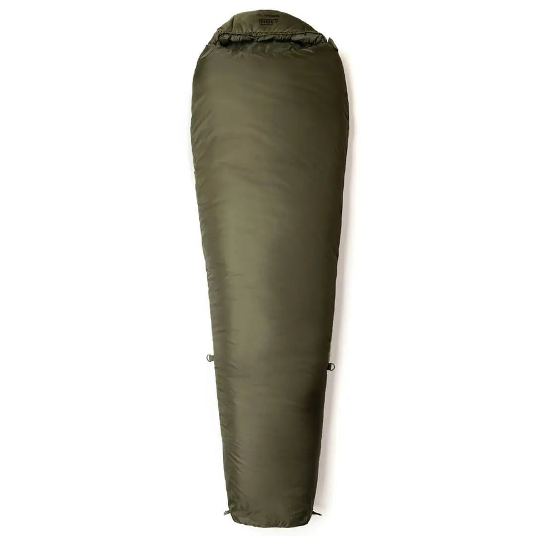 Fully zipped Snugpak Softie Elite 3 Sleeping Bag Olive Green with tapered footbox, designed for cold weather hiking and camping use.