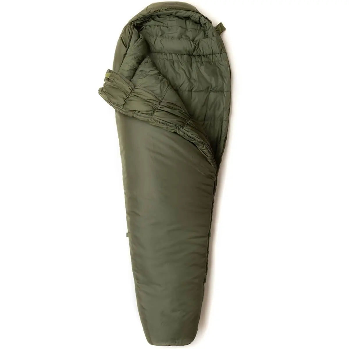 Snugpak Elite 4 Sleeping Bag Olive Green with mummy shape and insulated hood, ideal for cold weather camping and hiking adventures.