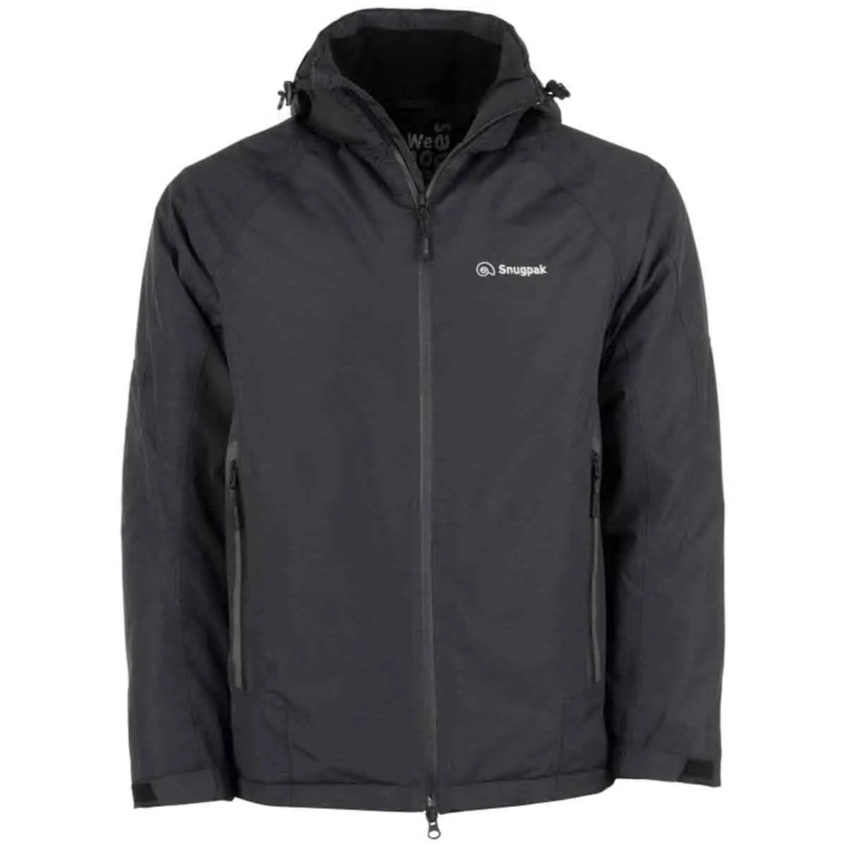 Front view of Snugpak Torrent Waterproof Black Jacket featuring full zip closure and dual zippered pockets for secure storage.