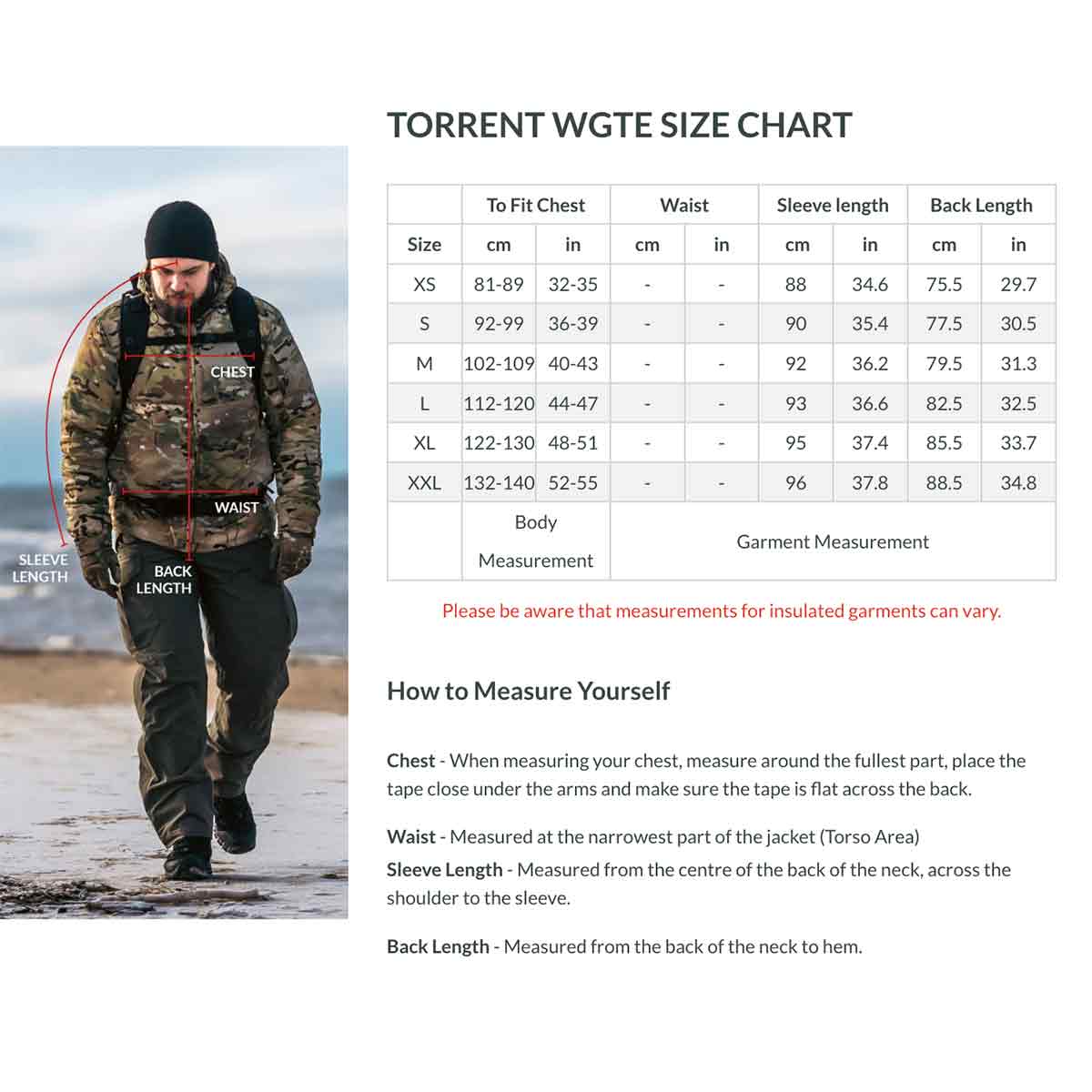 Snugpak Torrent Jacket size chart and measuring guide for accurate fit, including chest, waist, sleeve, and back length dimensions.