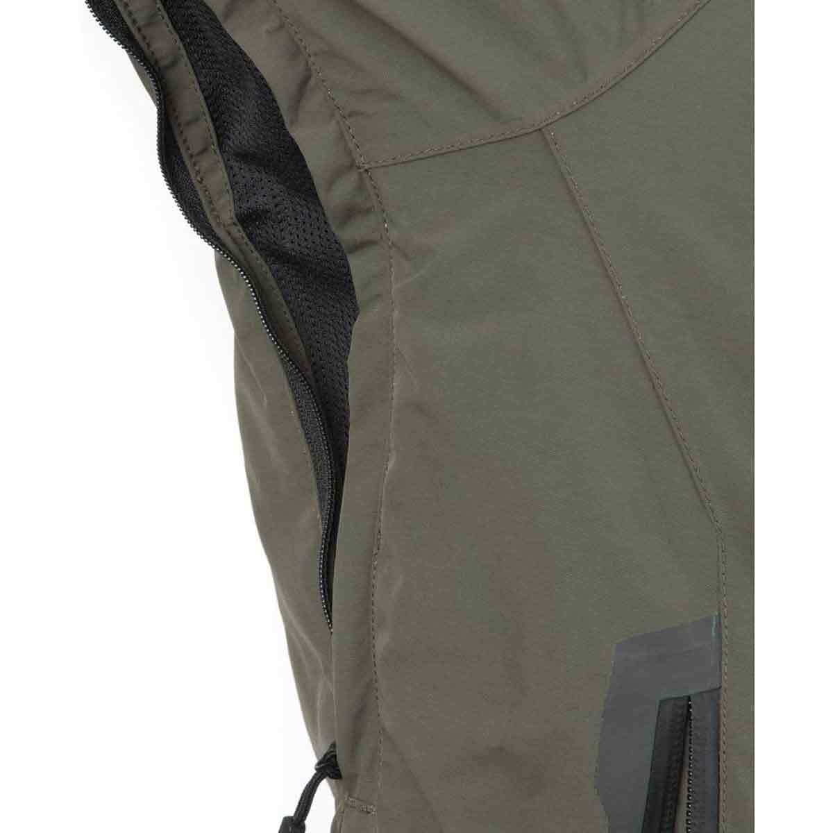 Detail of Snugpak Torrent Green Jacket's underarm ventilation with mesh lining for breathability and comfort.