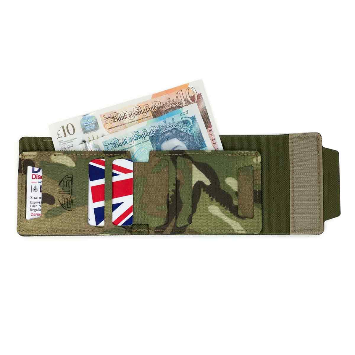 Interior view of Spectre Operations Exercise Tactical Wallet MTP showing card slots and cash compartment. Multicam design for tactical field use.