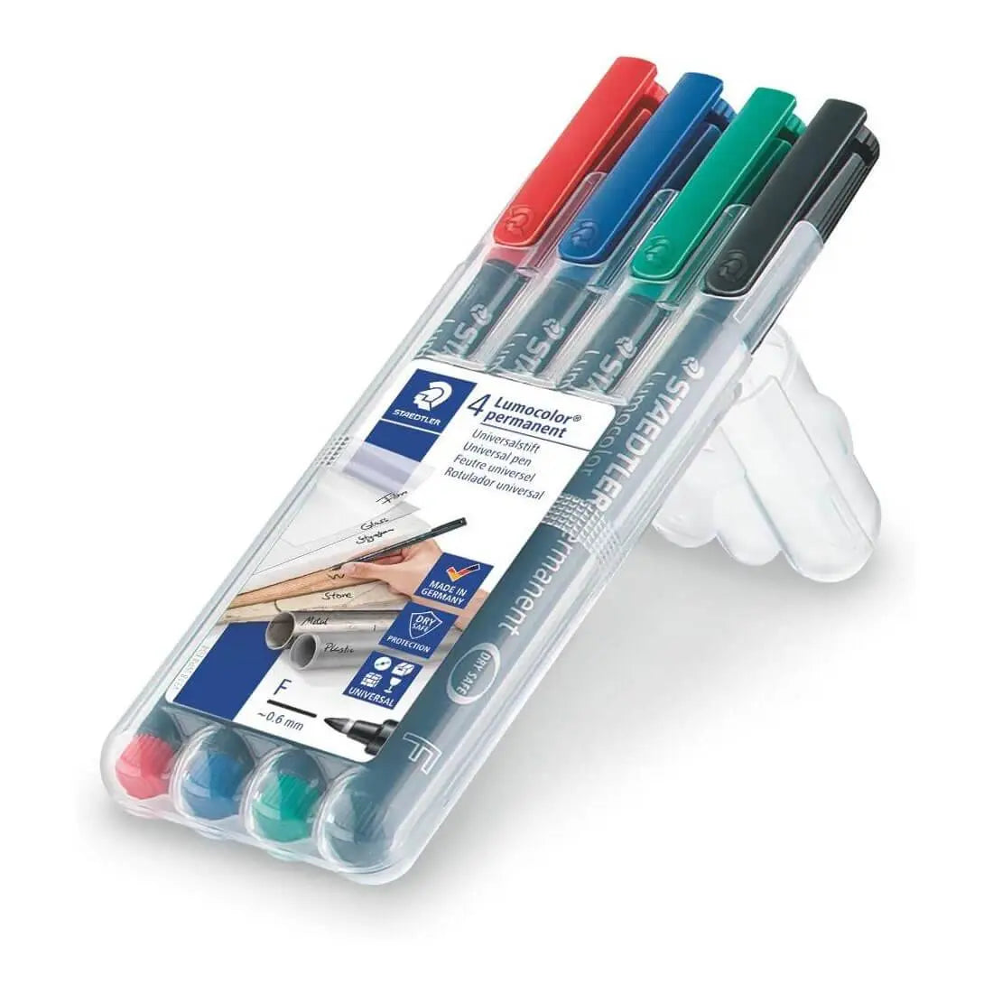 Staedtler Lumocolour Fine Permanent Pens 0.6mm tip in stand-up case, assorted colors for versatile writing | John Bulls
