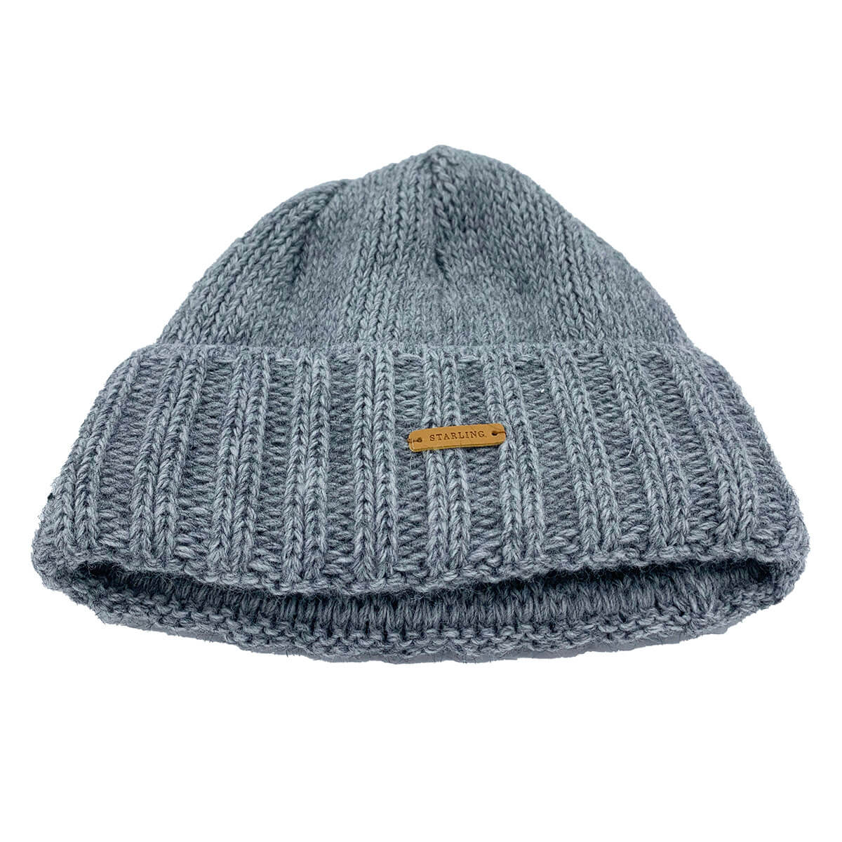 Folded grey Starling Unisex Rollover Beanie Hat 12033 with ribbed knit design and leather logo patch, crafted from premium wool blend.