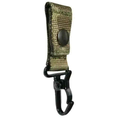 Tactical Molle Helmet Clip - Dog Clip with multicam Cordura strap and black metal snap hook for camping and hiking gear attachment.