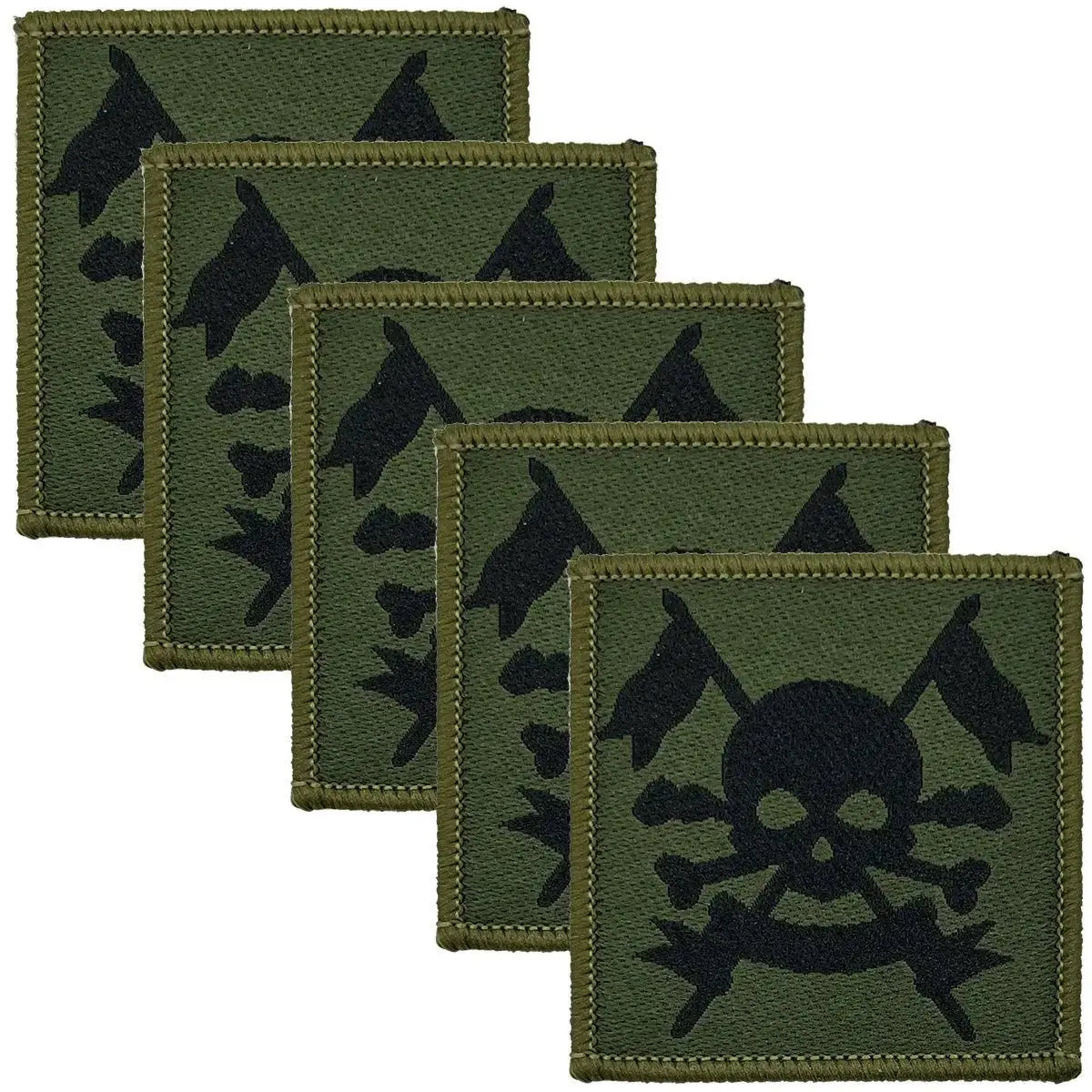 Set of five Royal Lancers TRF iron on badges with black skull and lances on green background, regulation pattern for military uniforms.