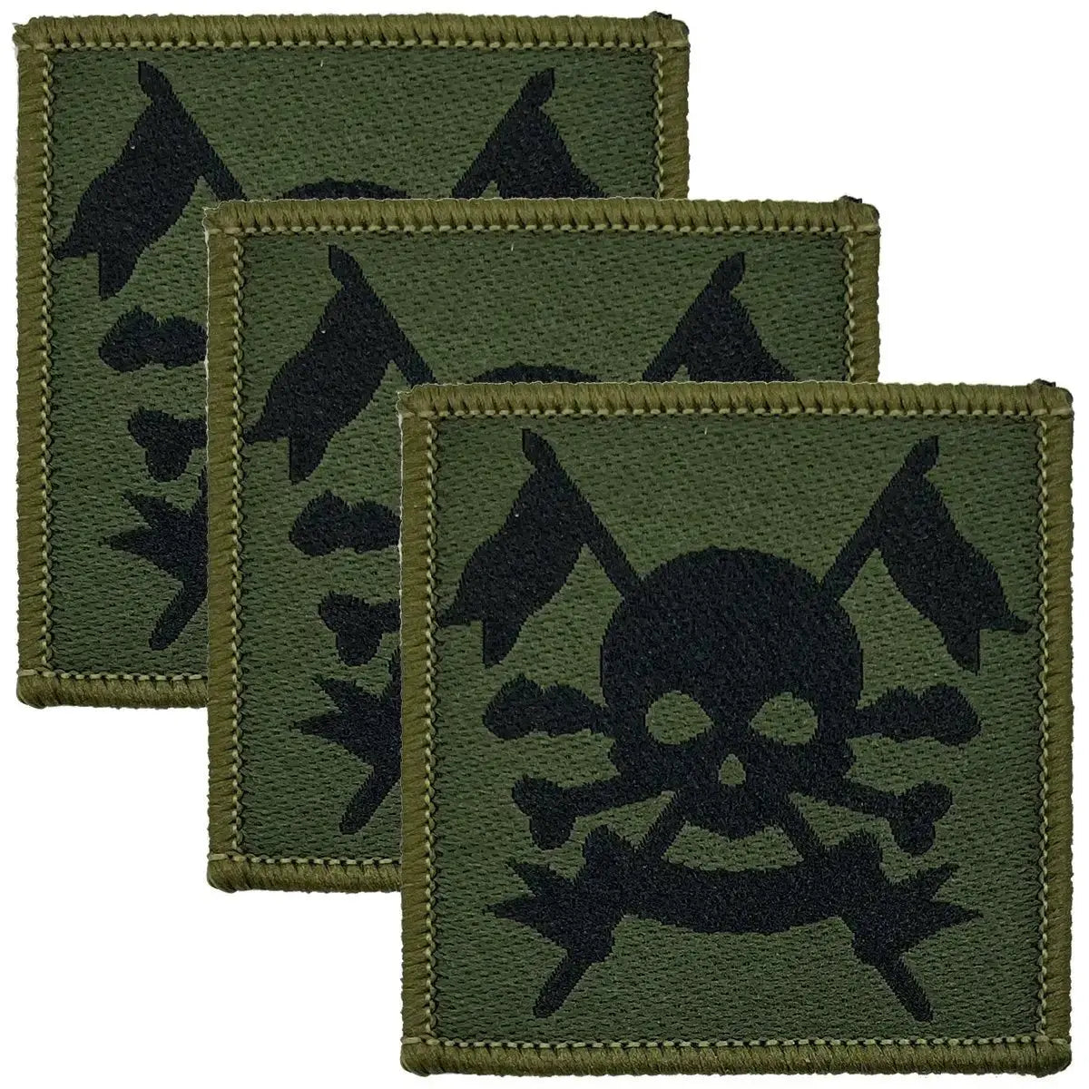 The Royal Lancers TRF iron on badge in green and black with skull and crossed lances design, ideal for military uniforms or tactical gear.