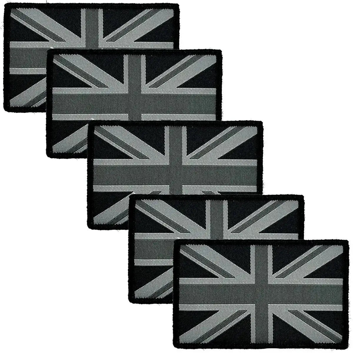 Five black Union Jack patches featuring hook and loop backing, designed for easy attachment to military uniforms and gear.