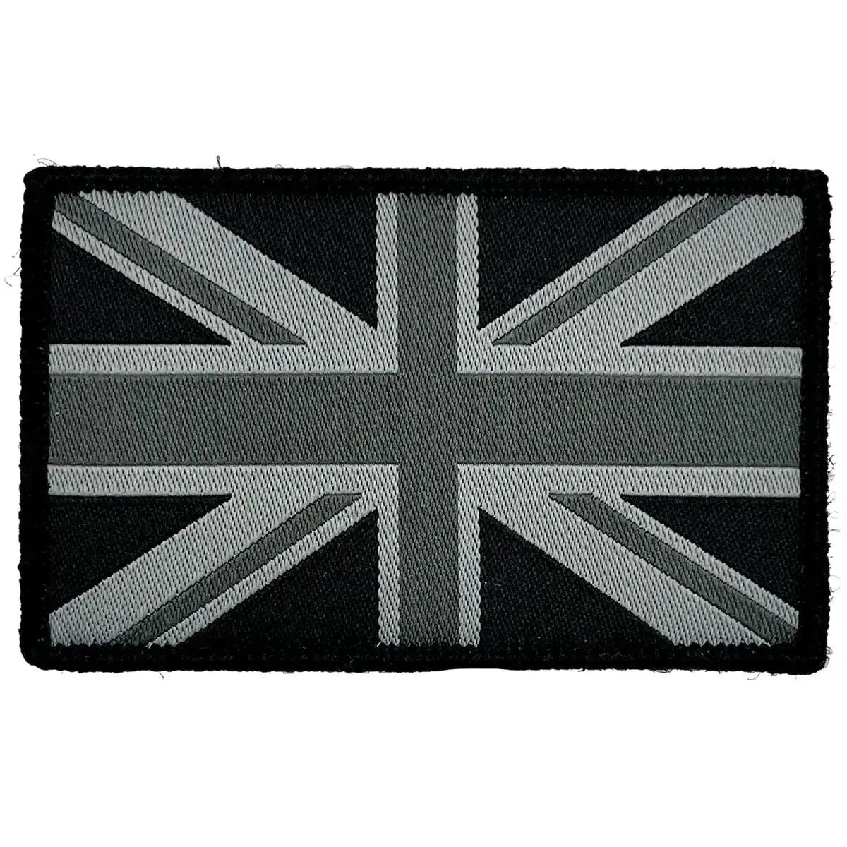 Single black Union Jack patch with hook and loop backing, ideal for tactical clothing and accessories in military settings.