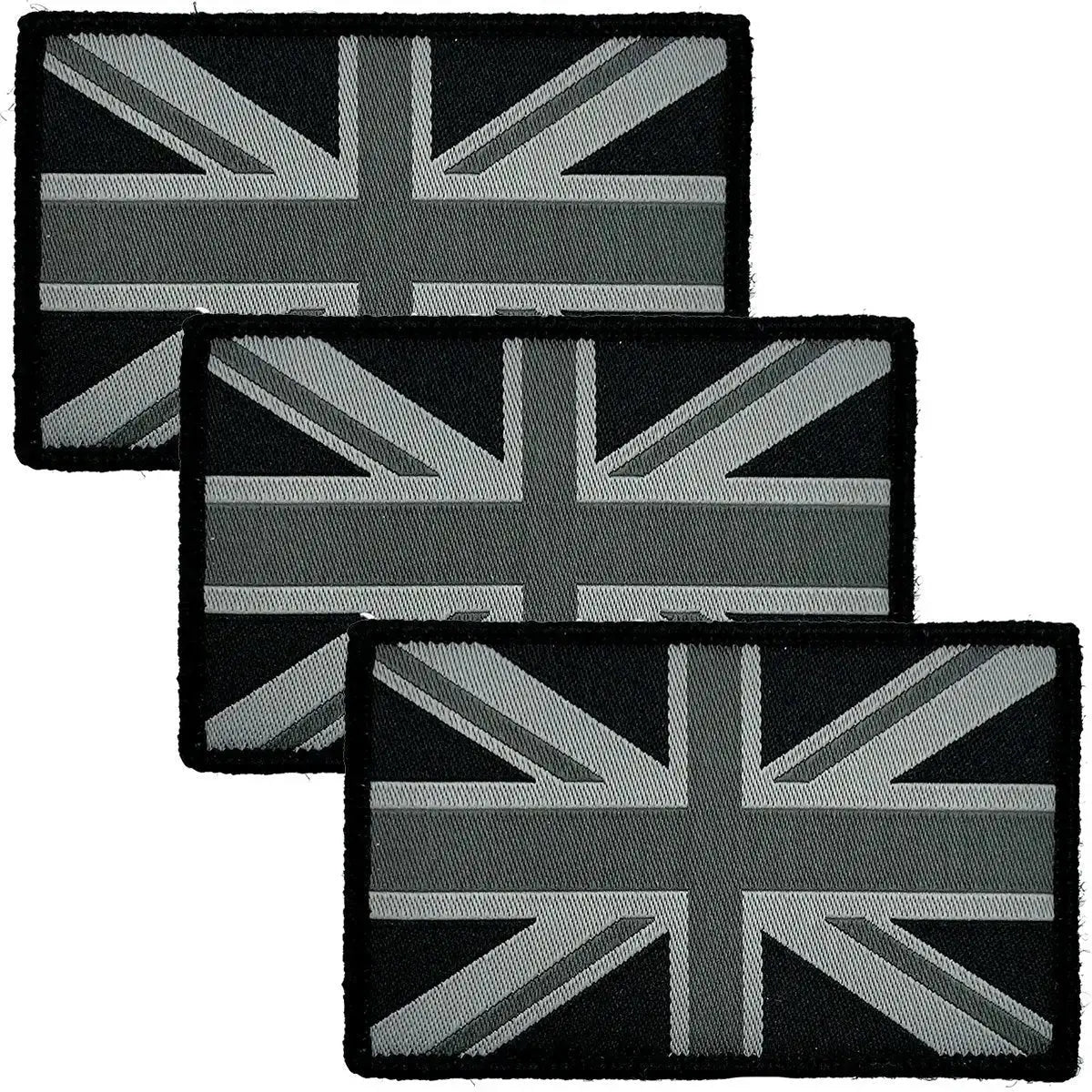 Three black Union Jack patches with hook and loop backing, perfect for jackets, hats, and tactical equipment from John Bulls.
