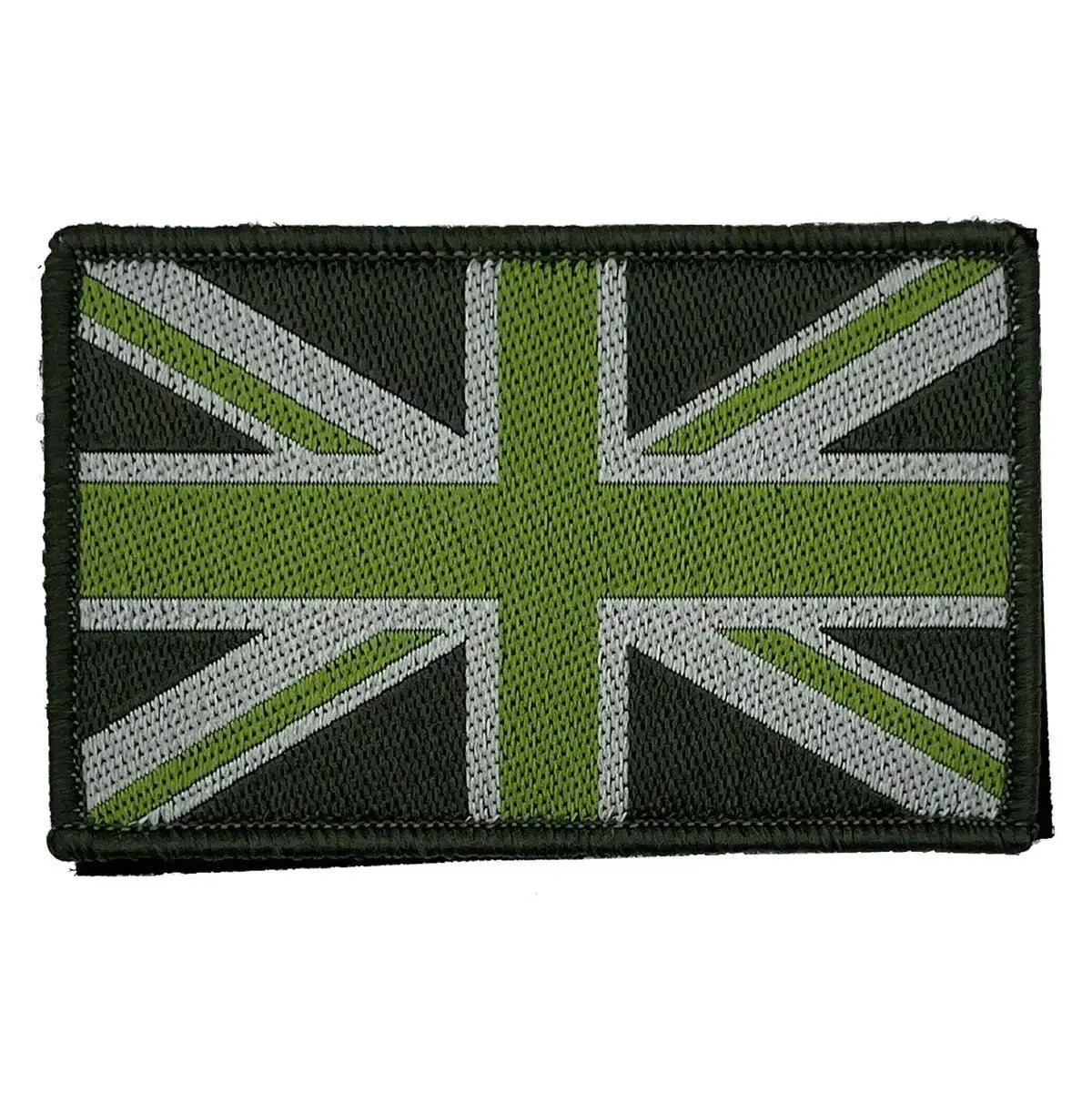 Green Union Jack patch with grey detailing and hook and loop backing, perfect for camouflage uniforms and field gear.