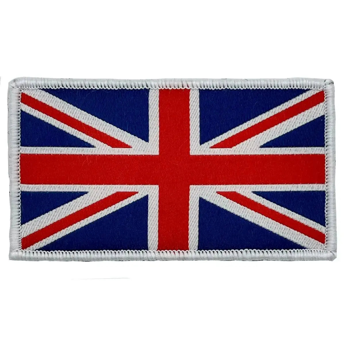 Classic red, white, and blue Union Jack patch with white border and hook and loop backing, suitable for uniforms and outdoor gear.