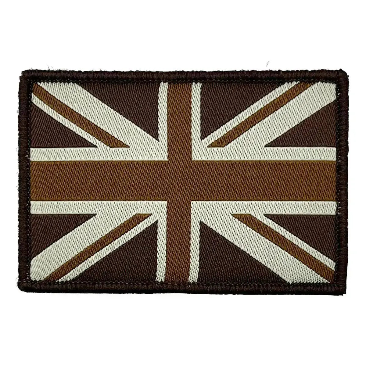 Brown Union Jack patch with beige accents and hook and loop backing, designed for tactical and military apparel by John Bulls.
