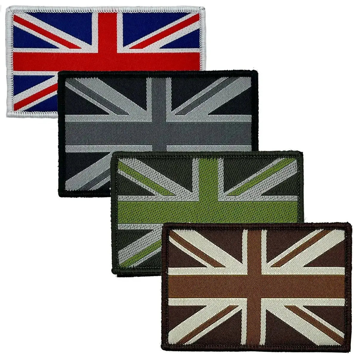 Set of four Union Jack patches with hook and loop backing in red, black, green, and brown, ideal for military uniforms and tactical gear.