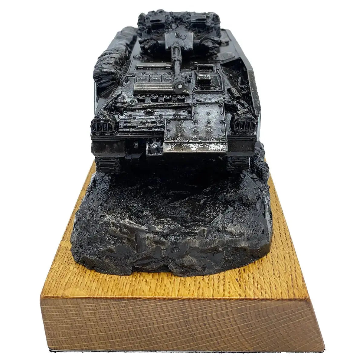 Front view of FV510 Warrior Armoured Fighting Vehicle Bronze Statue on oak base, showcasing realistic combat vehicle features for decor use.